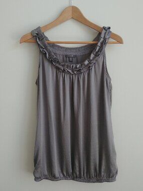 Y2K 100% silk Jacob bubble hem ruffle collar sleeveless blouse top silve…